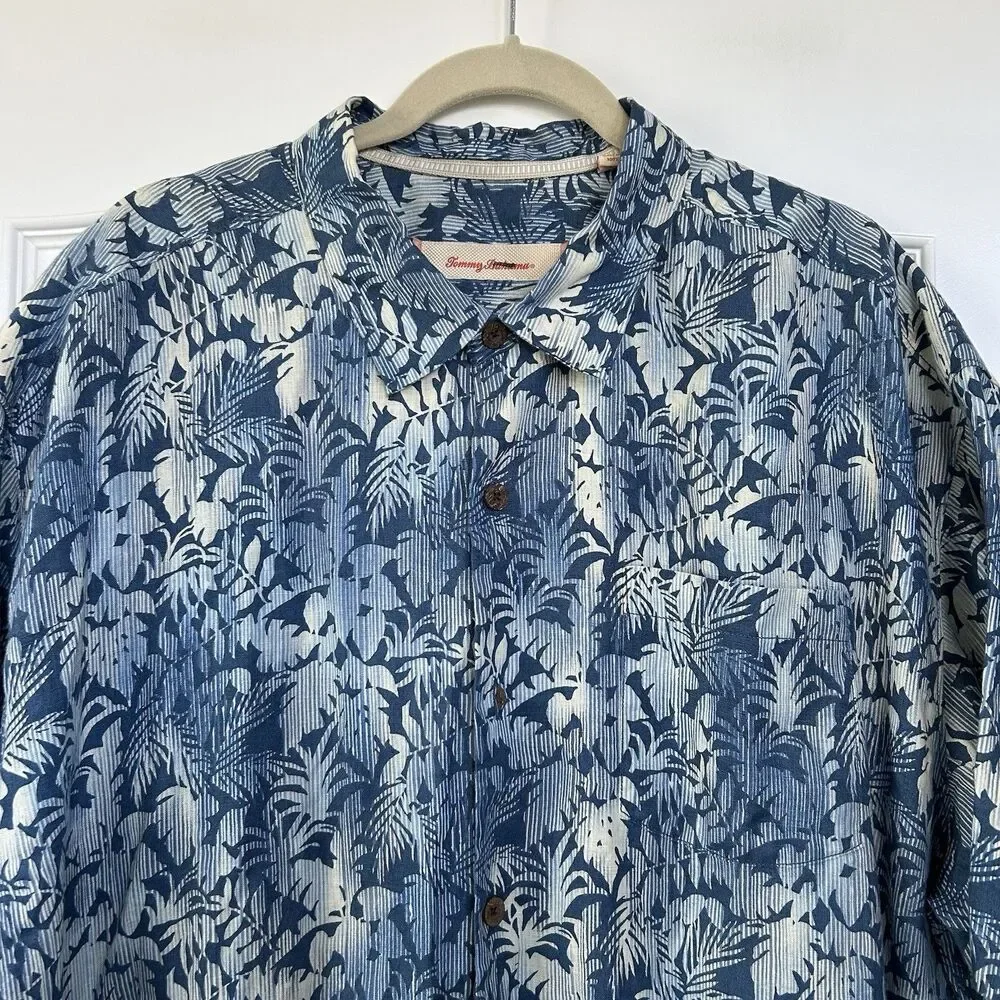 Tommy Bahama Mens 100% Linen Shirt Hawaiian Blue Short Sleeve Size XLX Button Up